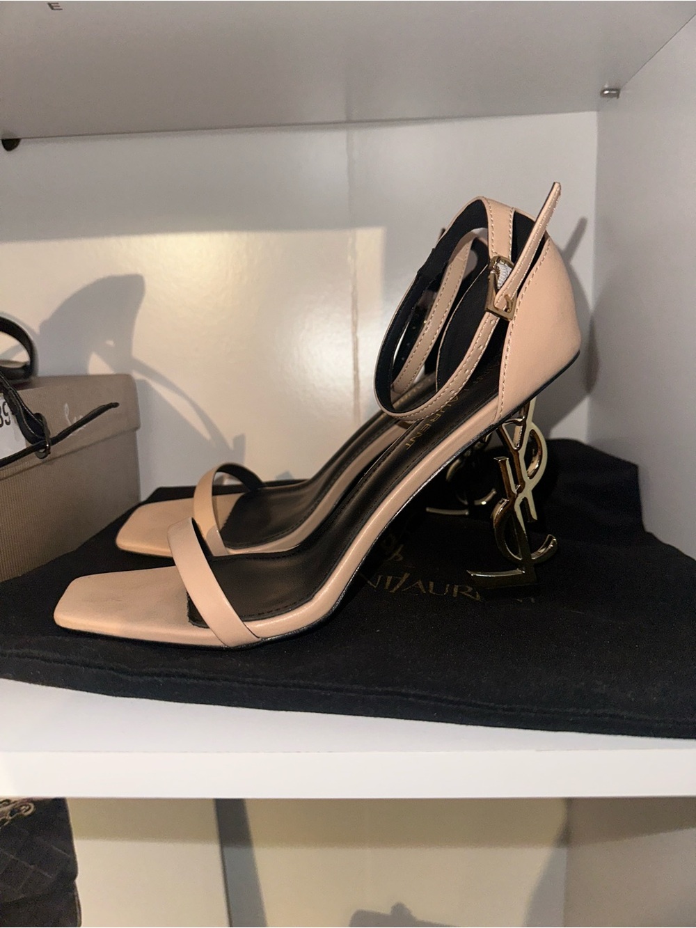 Saint Laurent Blush Beige YSL Logo-Heel Ankle Strap Sandals